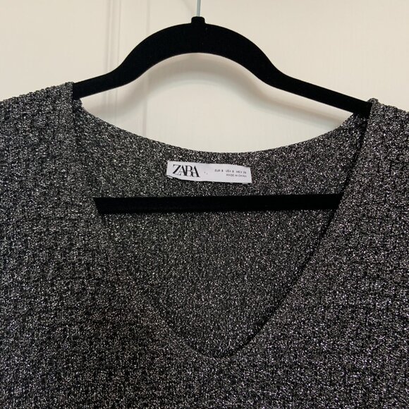 Women's Zara Knit Midi Metallic Black Silver V-Neck Dress Fringe Bottom Size S - Picture 13 of 14